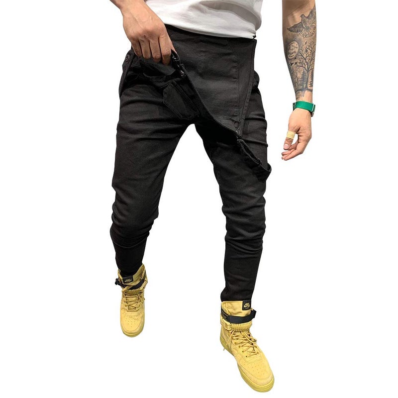 LONGBIDA Men's Denim Bib Overalls Fashion Slim Fit Jumpsuit with Pockets(Black,L) - Image 3